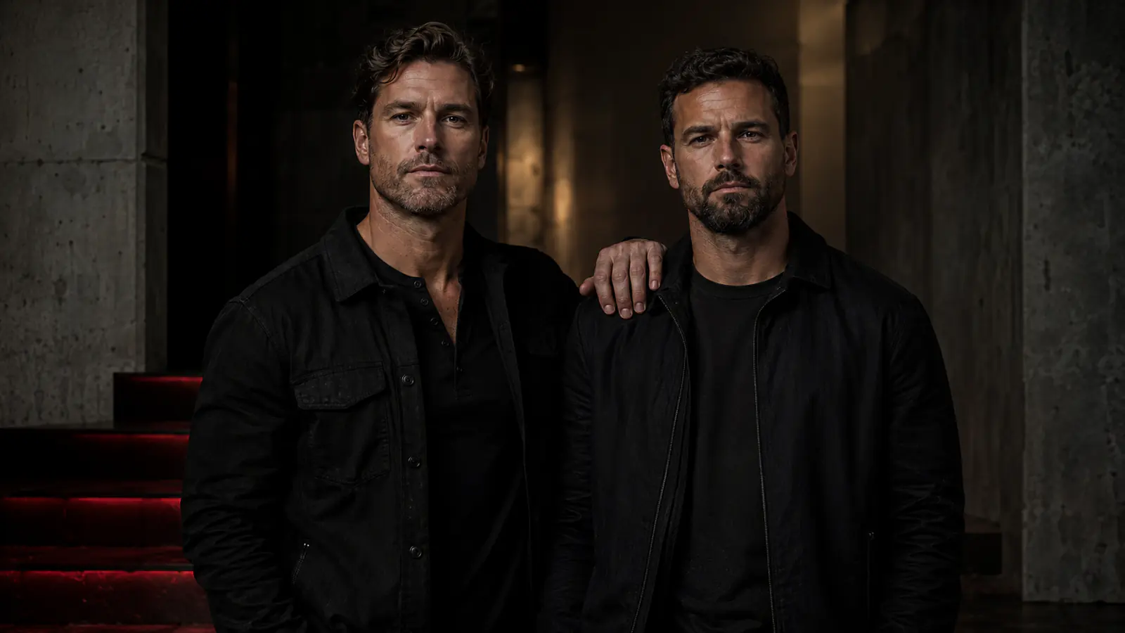 Dois homens lado a lado, um com a mão no ombro do outro, em cena cinematográfica de apoio e respeito