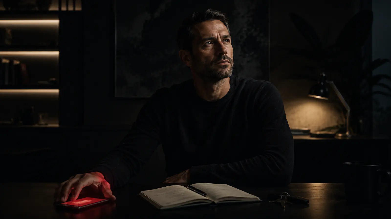 Homem sentado à mesa à noite, com a mão próxima a um celular iluminado em vermelho e um caderno aberto à frente
