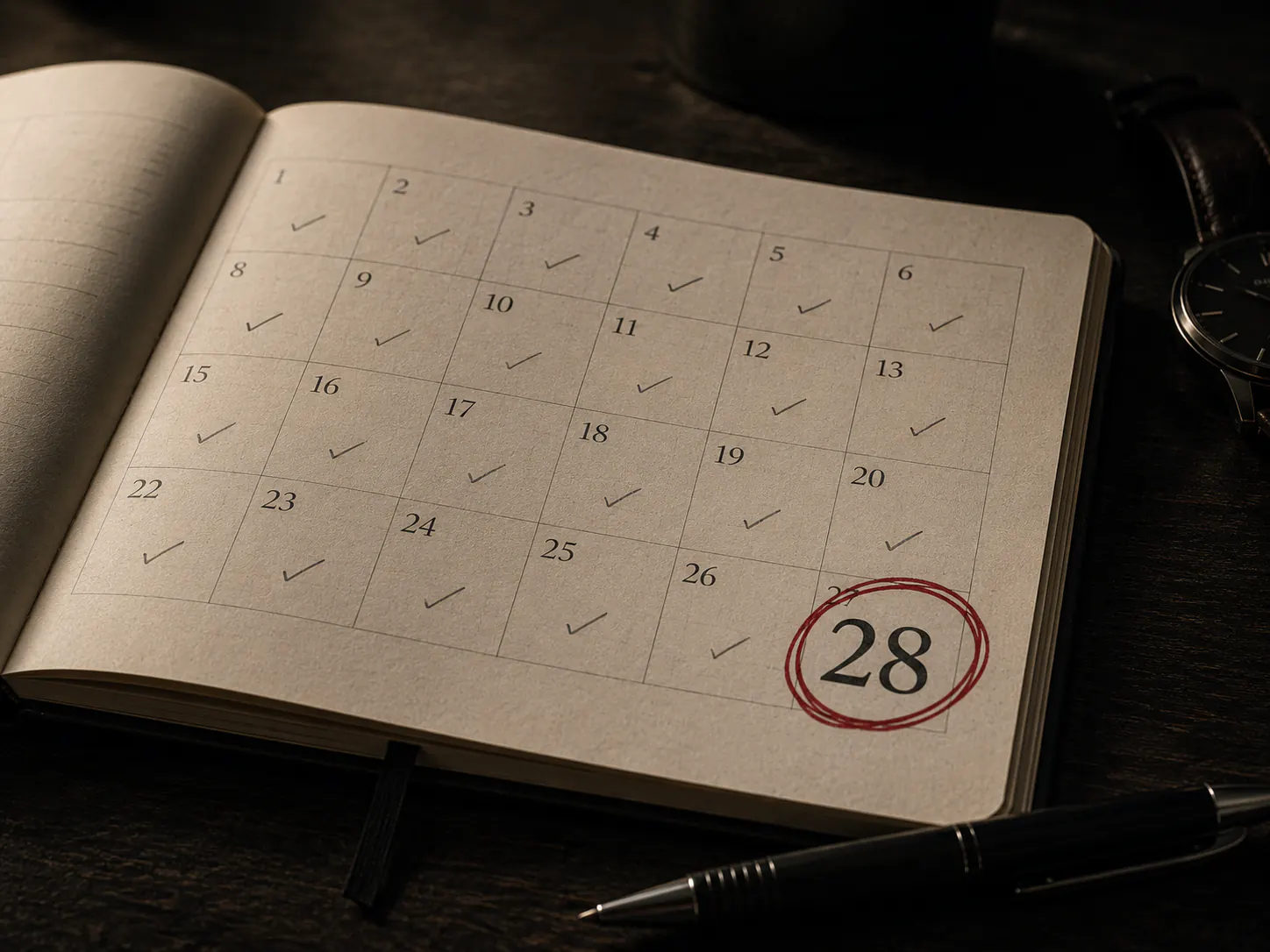 Planner aberto sobre mesa escura com 28 dias marcados e o dia 28 circulado em vermelho