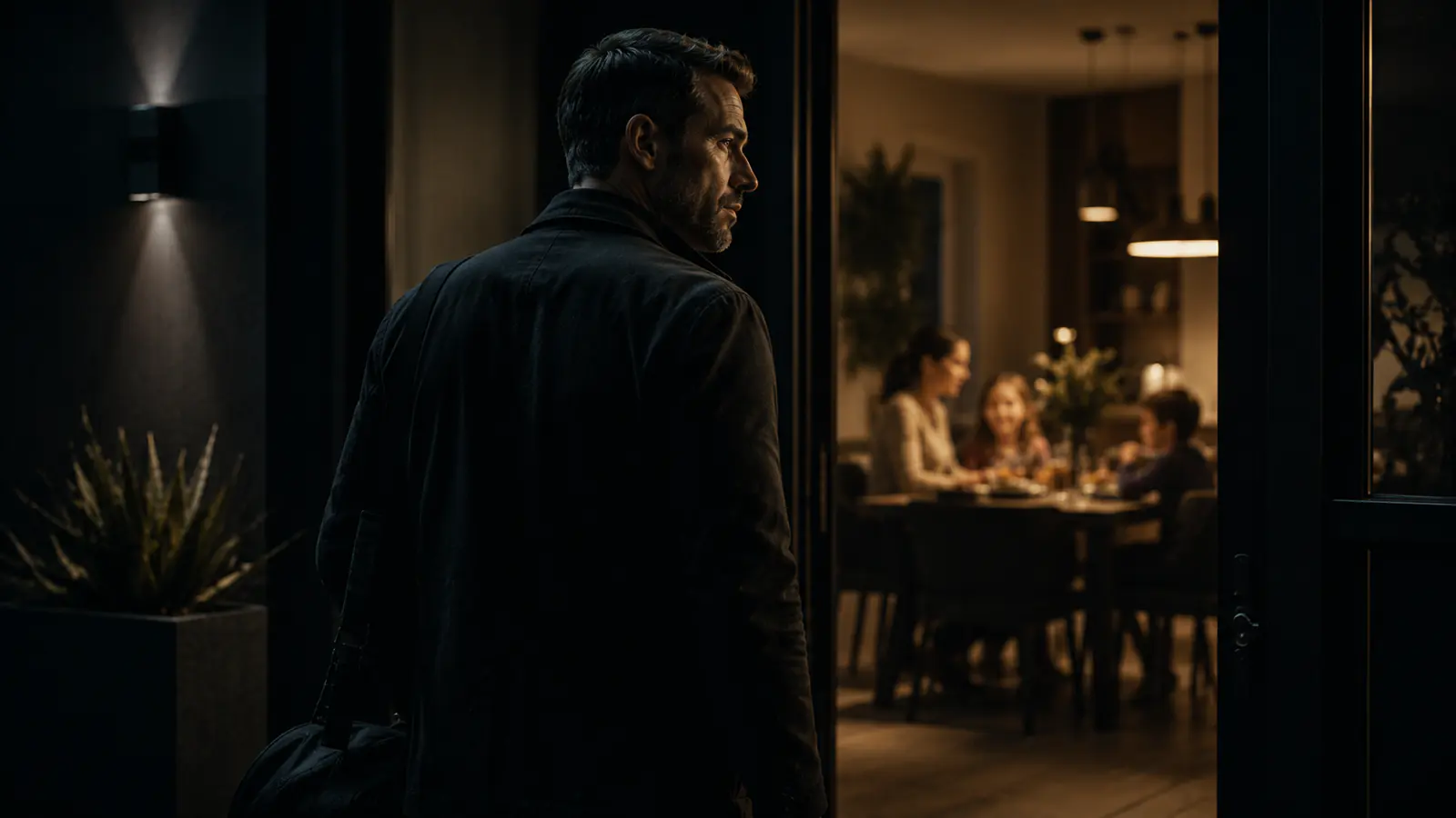 Homem chegando em casa à noite, observando a família reunida à mesa de jantar